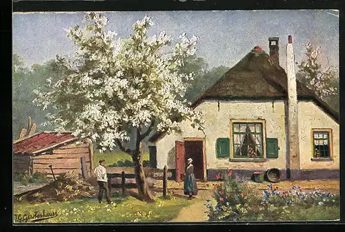 Künstler-AK Johan Georg Gerstenhauer: Bauerspaar vor Haus mit blühendem Baum