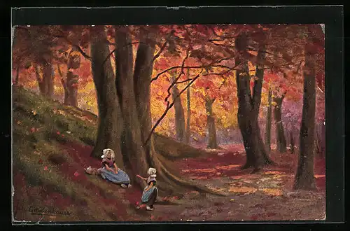 Künstler-AK Johan Georg Gerstenhauer: Zwei Mädchen im Herbstwald