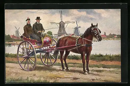 Künstler-AK Johan Georg Gerstenhauer: Paar im verzierten Einspänner an einerm See vor Windmühlen