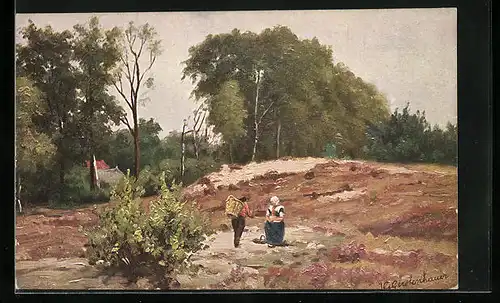 Künstler-AK Johan Georg Gerstenhauer: Mann mit Kiepe begegnet Bäuerin in einer Heidelandschaft