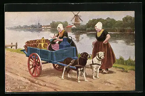 Künstler-AK Johan Georg Gerstenhauer: Zwei Bäuerinnen und Kind mit einem Hunde-Gespann