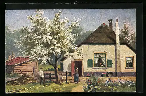 Künstler-AK Johan Georg Gerstenhauer: Bauernpaar vor ihrer Kate mit blühendem Baum