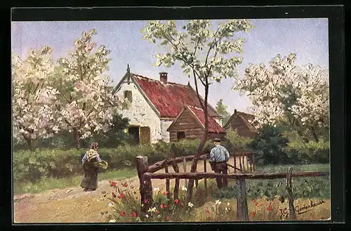 Künstler-AK Johan Georg Gerstenhauer: Bäuerin mit Korb auf Dorfstrasse und Bauer in einem Garten