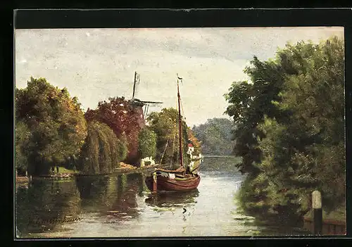 Künstler-AK Johan Georg Gerstenhauer: Segelboot auf einem Kanal, im Hintergrund eine Windmühle