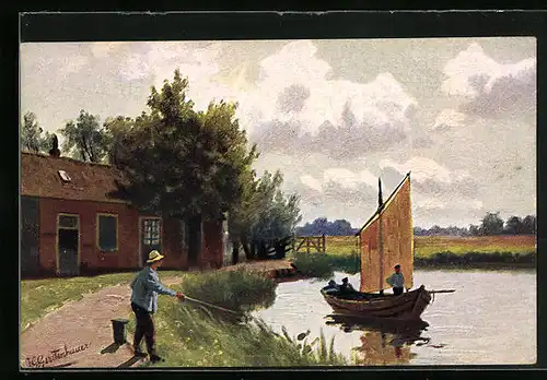Künstler-AK Johan Georg Gerstenhauer: Angler und zwei Fischer auf einem traditionellen Segelboot
