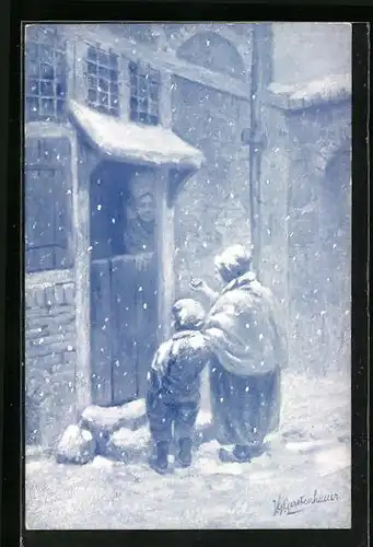 Künstler-AK Johan Georg Gerstenhauer: Hausiererin mit kleinem Jungen bietet Ware an, während es schneit