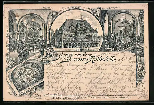 Vorläufer-Lithographie Bremen, 1891, Rathaus und Gasthof Rathskeller