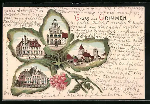 Passepartout-Lithographie Grimmen, Kreishaus, Postamt, Rathaus, Kleeblatt