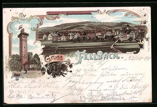 Lithographie Fellbach, Der Kermen, Totalansicht