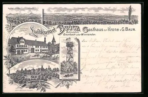 Lithographie Buoch, Gasthaus zur Krone, Aussichtsturm, Panorama