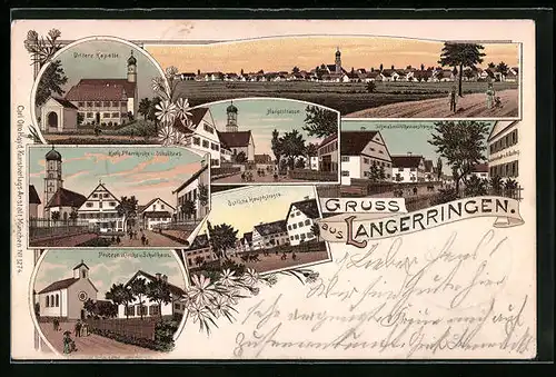 Lithographie Langerringen, Hauptstrasse, Schwabmühlhauserstrasse, Panorama