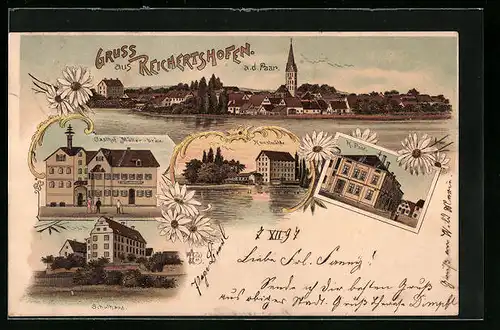 Lithographie Reichertshofen /Paar, Gasthof Müller-Bräu, Schulhaus, Panorama