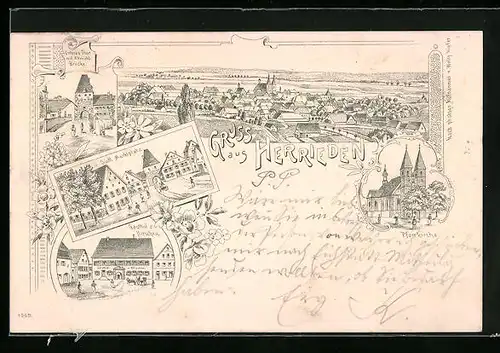 Lithographie Herrieden, Gasthof zum Hirschen, Pfarrkirche, Panorama