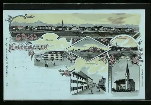Lithographie Holzkirchen, Bahnhofstrasse, Oberbräu, Panorama