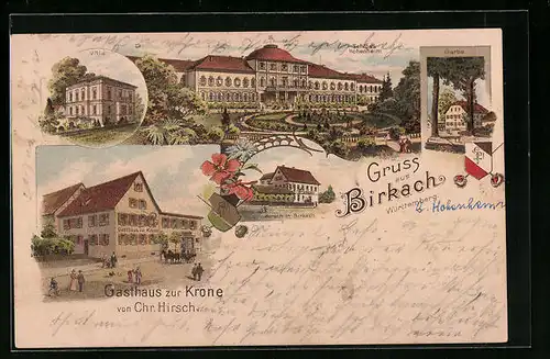 Lithographie Birkach /Württ., Gasthaus zur Krone, Gasthof zum Hirsch, Villa