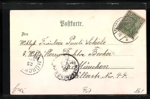 Lithographie Saargemünd, Postamt u. Neubrückenstrasse, Höhere Töchter-Schule, Landgerichtsplatz