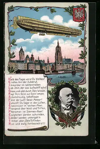 Künstler-AK Frankfurt a. M., Zeppelin über der Stadt