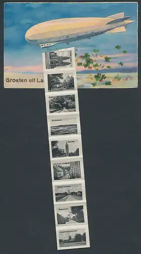 Leporello-AK Laren, Zeppelin wirft Glücksbringer ab, Prot. Kerk, Paviljoen Larenberg