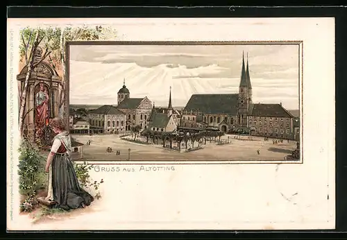 Passepartout-Lithographie Altötting, Platz mit Kirchen und kniendes Mädchen vor der Jungfrau