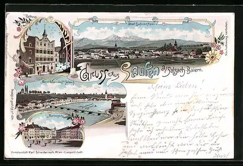 Lithographie Laufen a. Salzach, Ortsansicht mit Alpen, Markt Oberndorf, Marienplatz