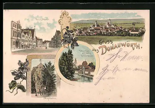 Lithographie Donauwörth, Gesamtansicht, Reichstrasse, Mangoldstein, Färberthürl