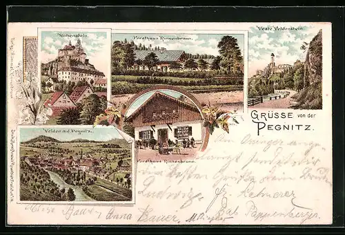Lithographie Pegnitz, Weiden an der Pegnitz, Hohenstein, Veste Veldenstein