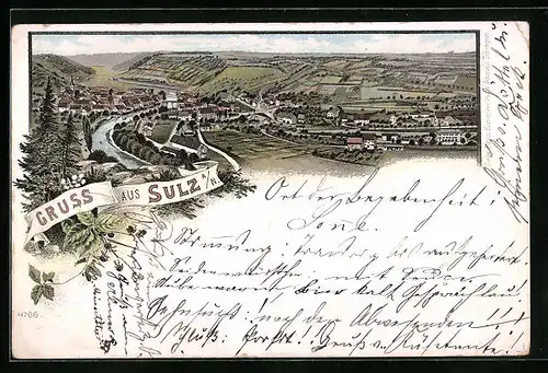 Lithographie Sulz, Ortsansicht aus der Vogelschau