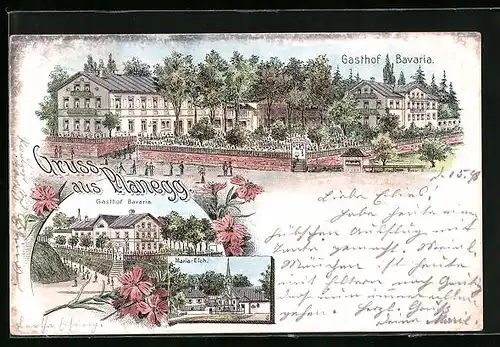 Lithographie Planegg, Gasthof Bavaria und Kirche Maria-Eich