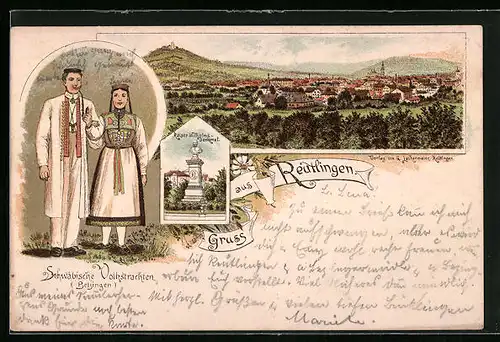 Lithographie Reutlingen, Panorama, Kaiser-Wilhelm-Denkmal, Schwäbische Volkstrachten (Betzingen)