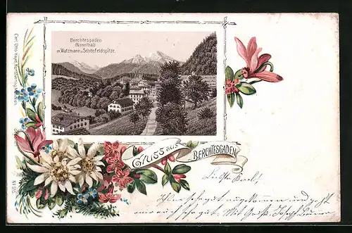 Künstler-AK Berchtesgaden, Ortsansicht mit Watzmann und Schönfeldspitze, Edelweiss