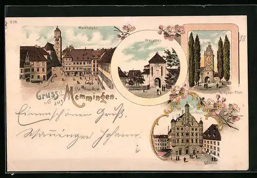 Lithographie Memmingen, Marktplatz, Krugsthor, Kempter-Thor, Rathaus