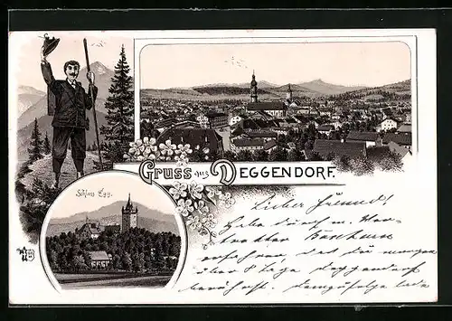 Lithographie Deggendorf, Ortsansicht aus der Vogelschau, Schloss Egg, Grüssender Wandersmann