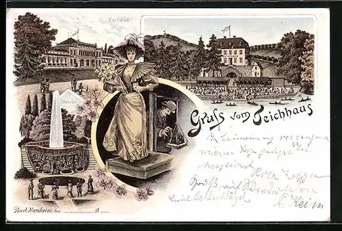 Lithographie Bad Nauheim, Gasthof Teichhaus, Kurhaus, Sprudel, Ansicht vom Wasser aus