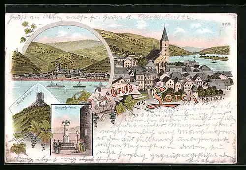 Lithographie Lorch /Rheingau, Ortsansicht mit Weinbergen, Kriegerdenkmal, Burg