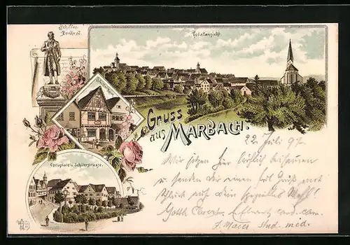 Lithographie Marbach, Totalansicht, Cottaplatz und Schillerstrasse, Schiller-Denkmal