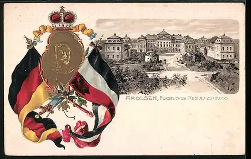 Passepartout-Lithographie Arolsen, Fürstliches Residenzschloss, Wappen