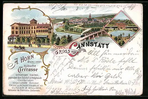 Lithographie Cannstatt, Bahnhof Hotel, Wilhelmina, Teilansicht mit Eisenbahn