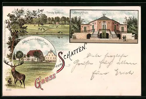 Lithographie Stuttgart, Gasthaus zum Schatten, Bärenschlössle, Futterplatz Hirschwiese