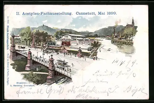 Künstler-AK Cannstatt, Acetylen-Fachausstellung 1899, Ausstellungshalle mit Strassenbahn