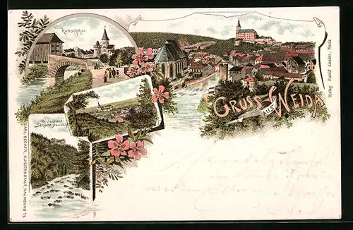 Lithographie Weida, Restaurant Schöne Aussicht, Katzschtor, Teilansicht