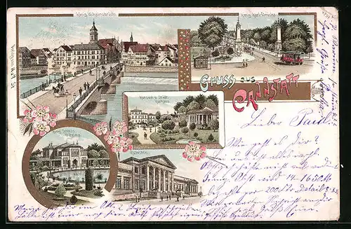 Lithographie Cannstatt, Kursaal u. Städtisches Kurhaus, Königliches Schloss Wilhelma, Rosenstein