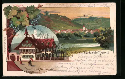 Lithographie Untertürkheim, Gasthaus Zum Mönchskeller, Teilansicht