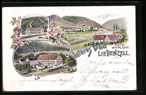 Lithographie Bad Liebenzell, Hotel Unteres Bad, Klein Wildbad, Ortspartie mit Eisenbahn