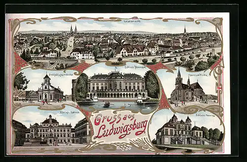 Lithographie Ludwigsburg, Schloss Monrepos, Dreifaltigkeitskirche, Garnisonkirche