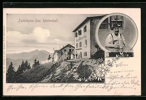 AK Bad Reichenhall, Zwieselalm mit Kaiser-Wilhelms-Haus, Wirt mit Bierkrug
