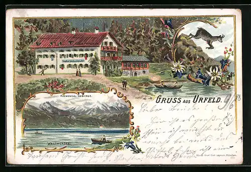 Lithographie Urfeld, Gasthof Urfelds Jäger am See, Walchensee mit Karwendel-Gebirge