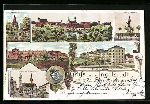Lithographie Ingolstadt, Friedenskaserne, Rathaus und Gouvernement, Kriegerdenkmal