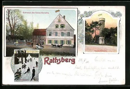 AK Rathsberg, Exkneipe des Corps Boruthia, Aussichtsturm, Rodelbahn