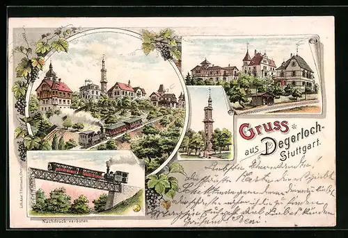 Lithographie Stuttgart-Degerloch, Ortspartie mit Eisenbahn, Turm, Eisenbahnbrücke