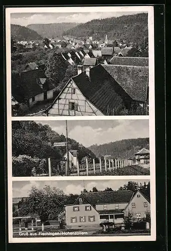 AK Fischingen /Hohenzollern, Gasthaus und Pension zum Bahnhof, Ortspartie mit Wegweiser nach Fischingen, Teilansicht